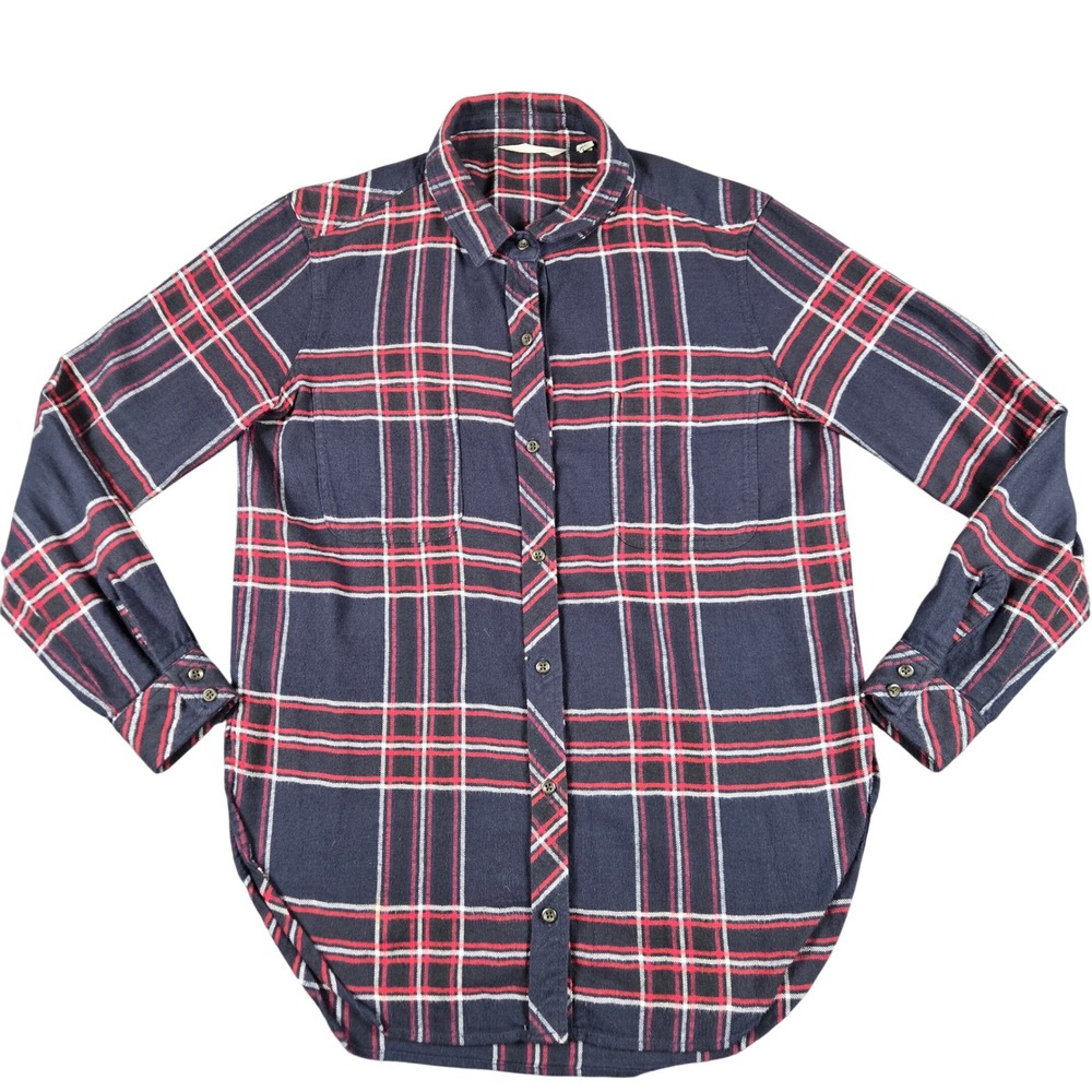 Athleta Plaid Flannel Shirt Womens Small Navy Red Button Down Long Sleeve Top